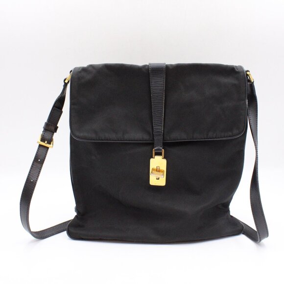 Pre-Owned Prada Nylon Tessuto Shoulder Messenger Bag in Black with Gold Hardware - Picture 1 of 15